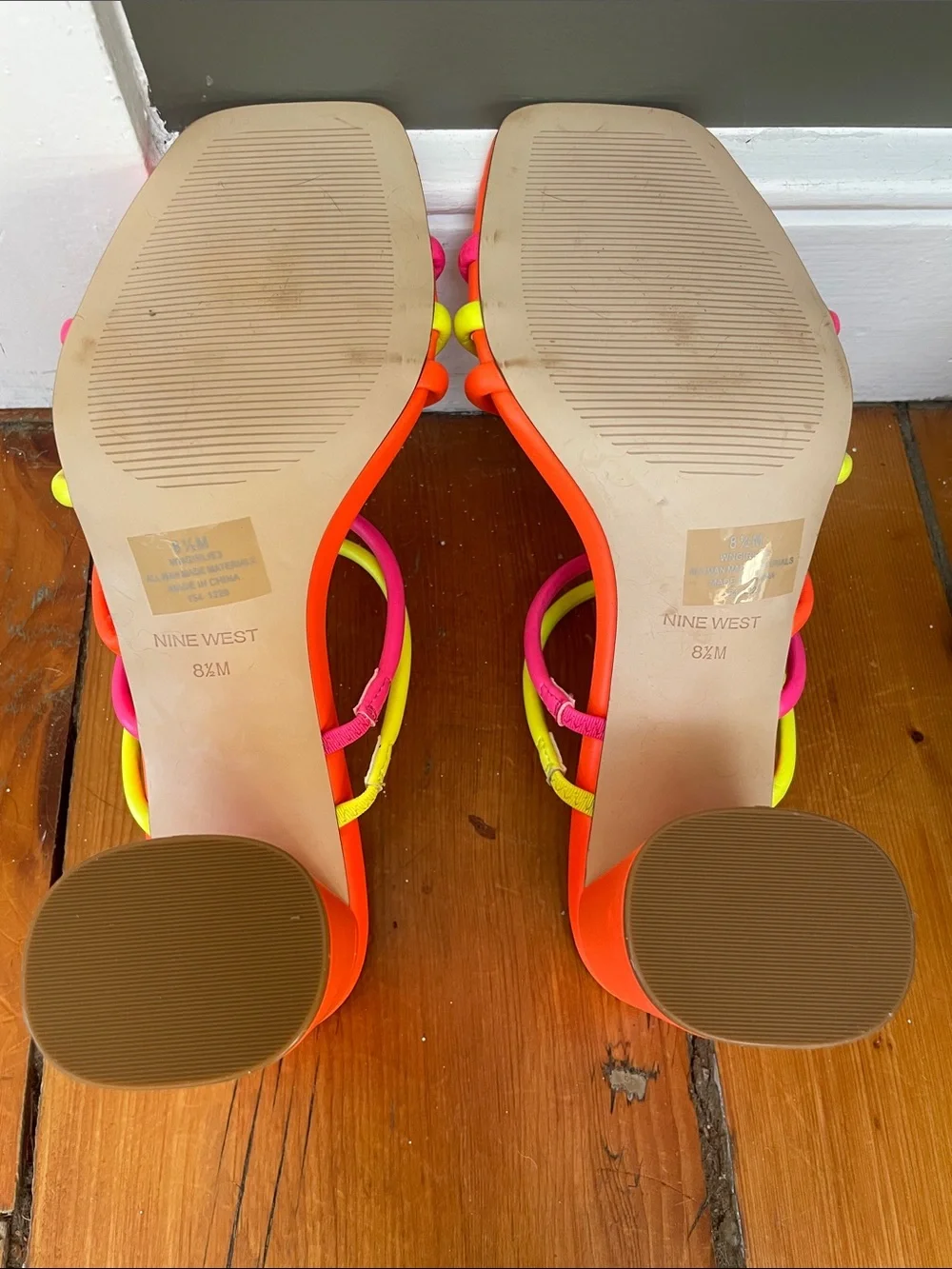 Nine West Neon Orange Slide Heels with Pink & Yellow Strappy Accents